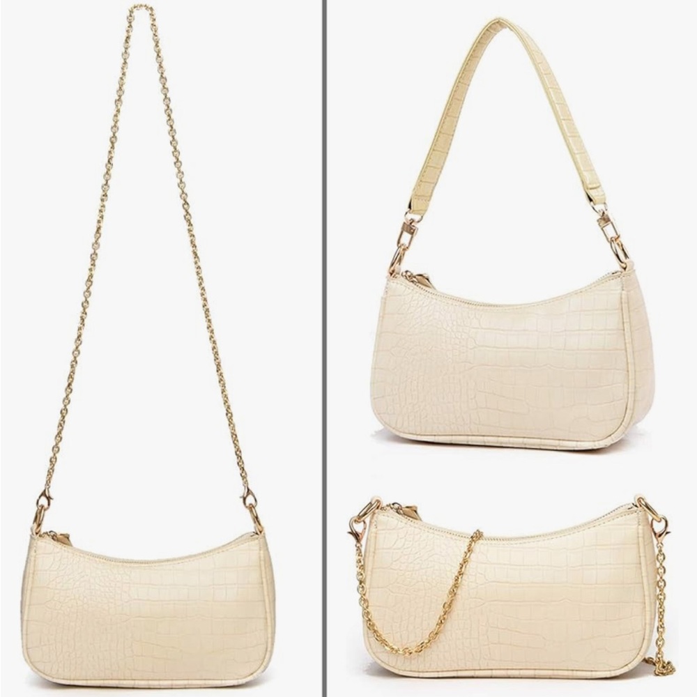 Elegant Cream Croc-Embossed Shoulder Bag w Dolphin Keyring & Gold Hardware